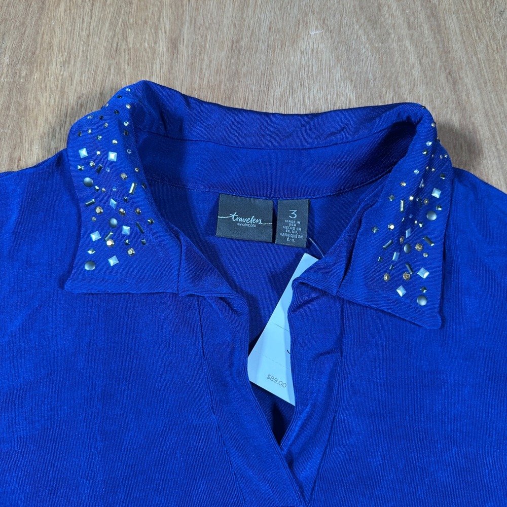 Chicos Travelers Embellished Collar Top Women 3 Catalina Blue Studded Tunic NEW - Picture 3 of 11
